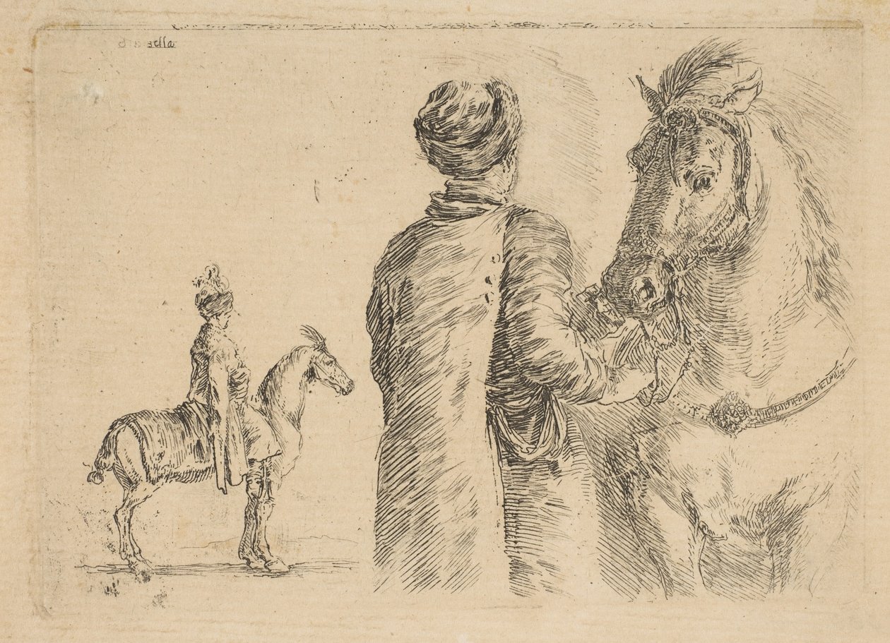 手綱で馬を保持しているポーランドの新郎、後ろから。 1662年。 作： ステファノ・デラ・ベラ