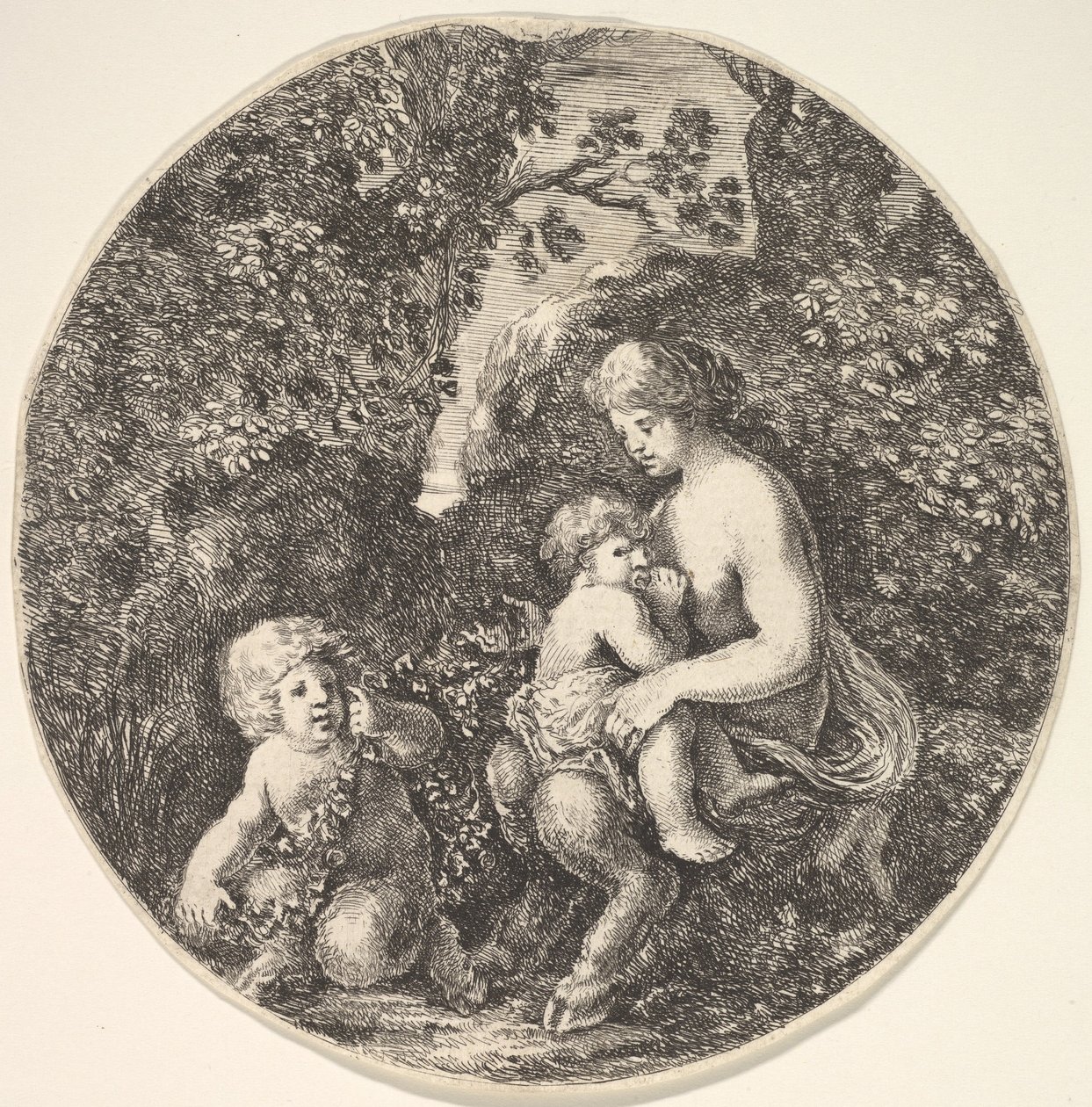 右に子供を母乳で育てる女性のサテュロス、左に向けて、サテュロスの子供...、1639年。 作： ステファノ・デラ・ベラ