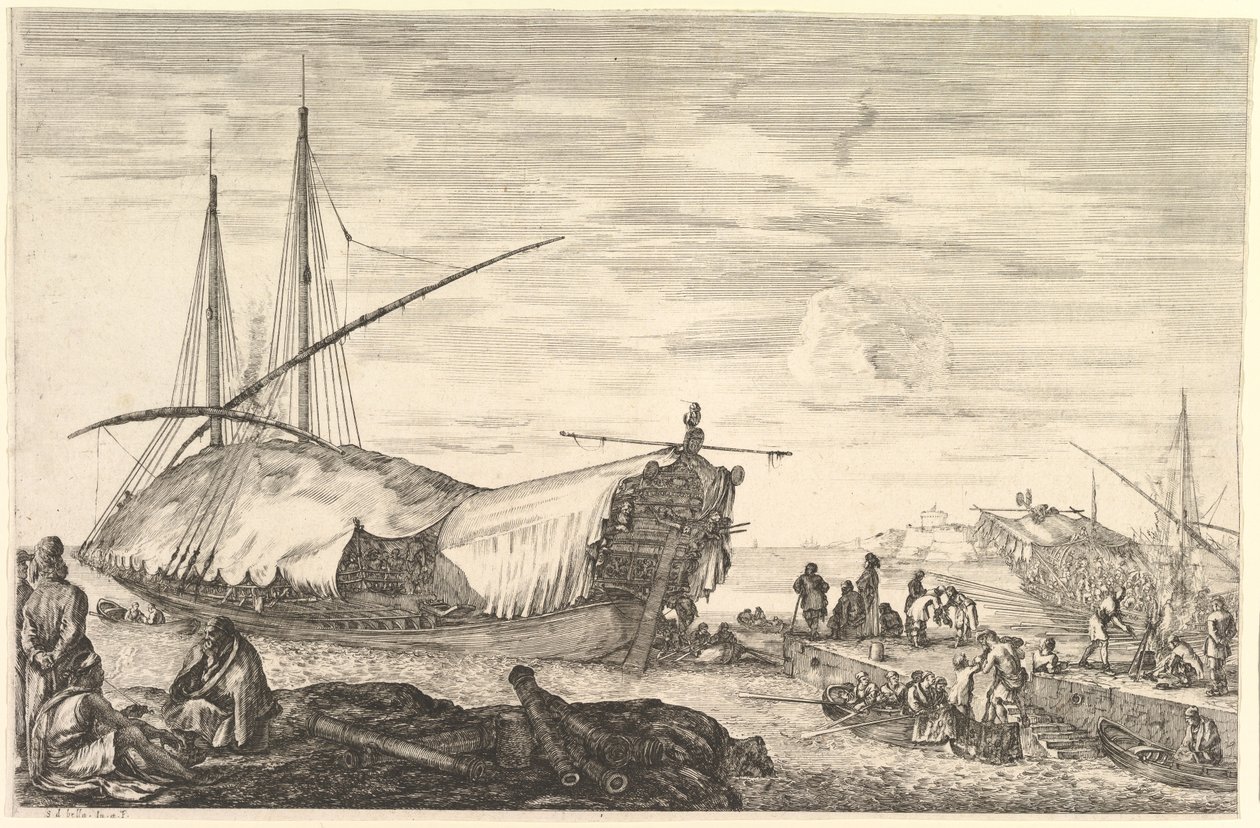 左の帆で覆われたギャレー、6つの大砲、4つの人々が前景で左...、ca。 1652-57。 作： ステファノ・デラ・ベラ