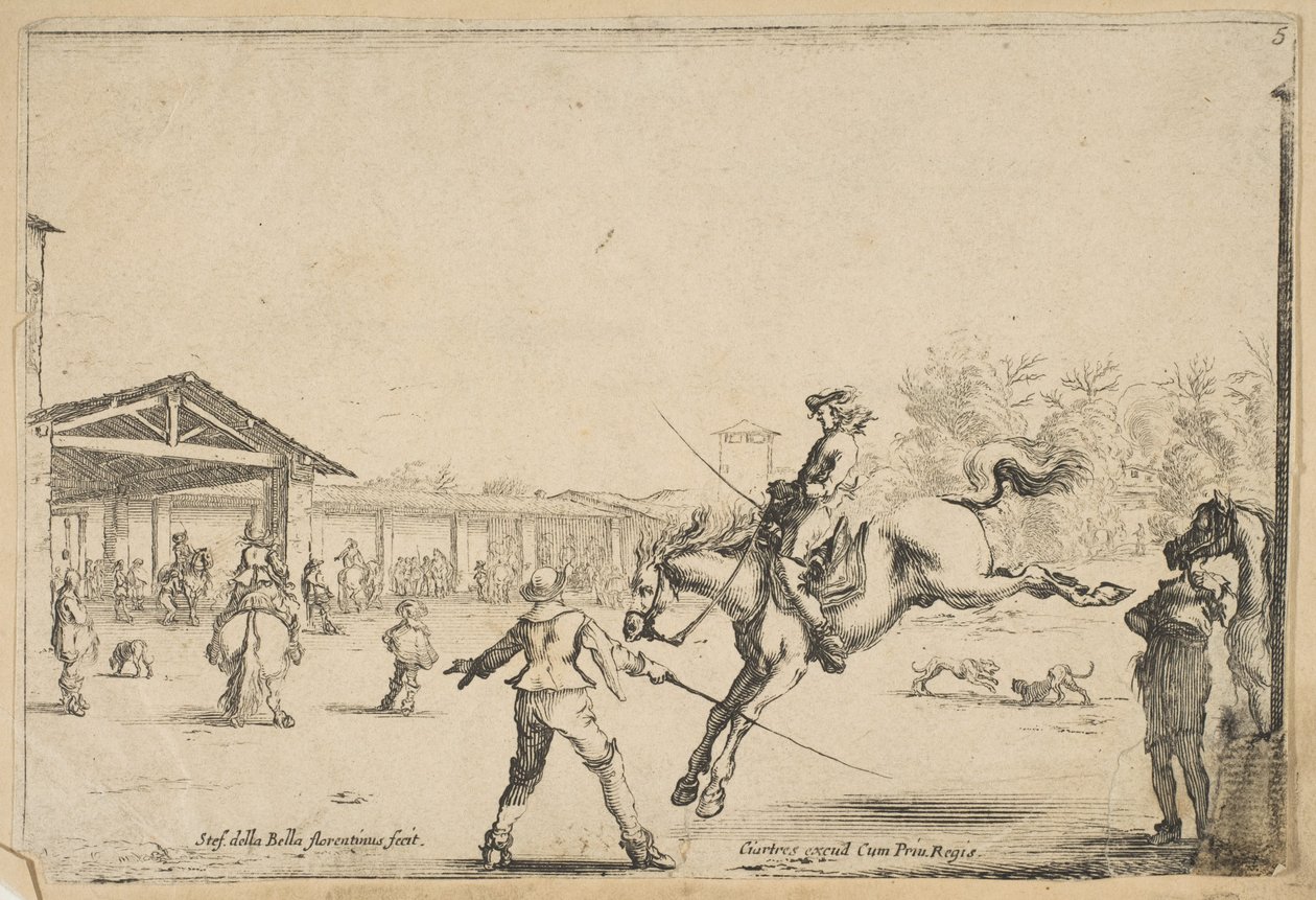 乗馬学校、剣を持つ別の男によって監督された剣ジャンプを持つ騎士...、ca。 1645年。 作： ステファノ・デラ・ベラ