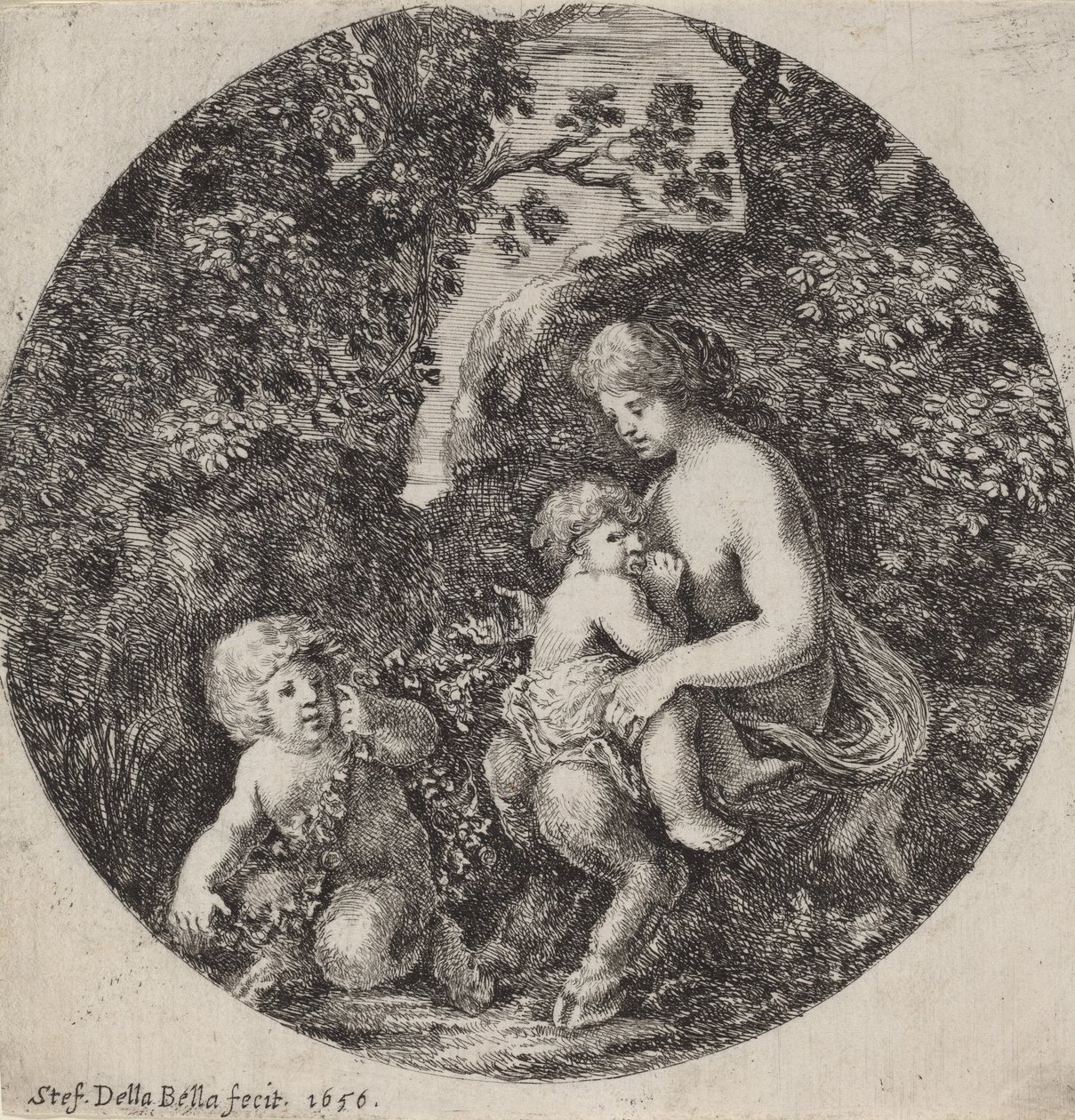 樹木が茂った風景の中で子供を看護する女性のサテュロス、1656年。 作： ステファノ・デラ・ベラ