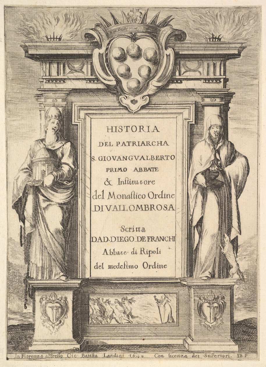Frontispiece：メディチ家の紋章が中央に飾られた記念碑。炎が...、1640年。 作： ステファノ・デラ・ベラ