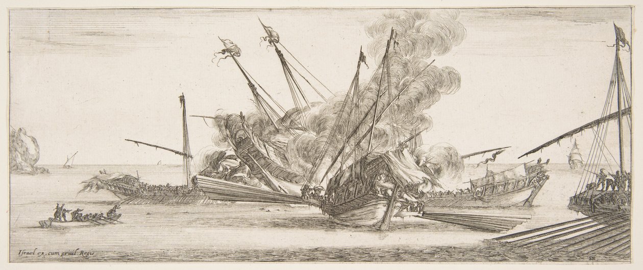 海戦、後ろから見た中央の船、4隻の敵船に発砲、別の...、約。 1641年。 作： ステファノ・デラ・ベラ