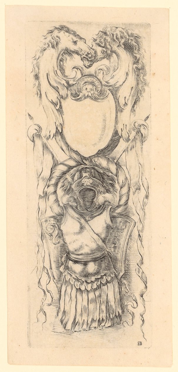 上部に2つの馬の頭、その下に盾、最下部に鎧が描かれたパネル。「装飾またはグロテスク」シリーズの第7葉 作： ステファノ・デラ・ベラ