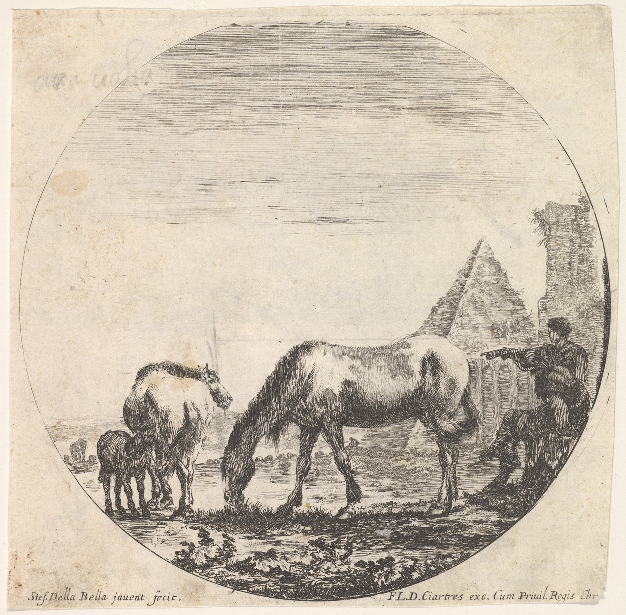 プレート11：背景の右側にあるカイウスケスティウスのピラミッド、放牧されている馬...、ca。 1643-48。 作： ステファノ・デラ・ベラ