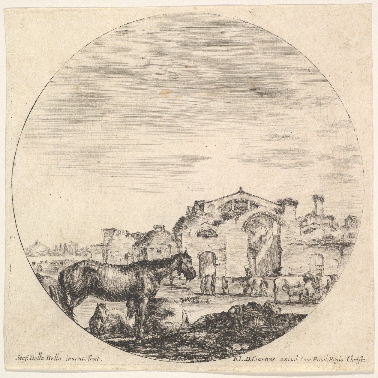 プレート 12: 右に地面で寝ている羊飼い、左に 3 頭の馬、その他の h..., ca. 1643-48。 作： ステファノ・デラ・ベラ