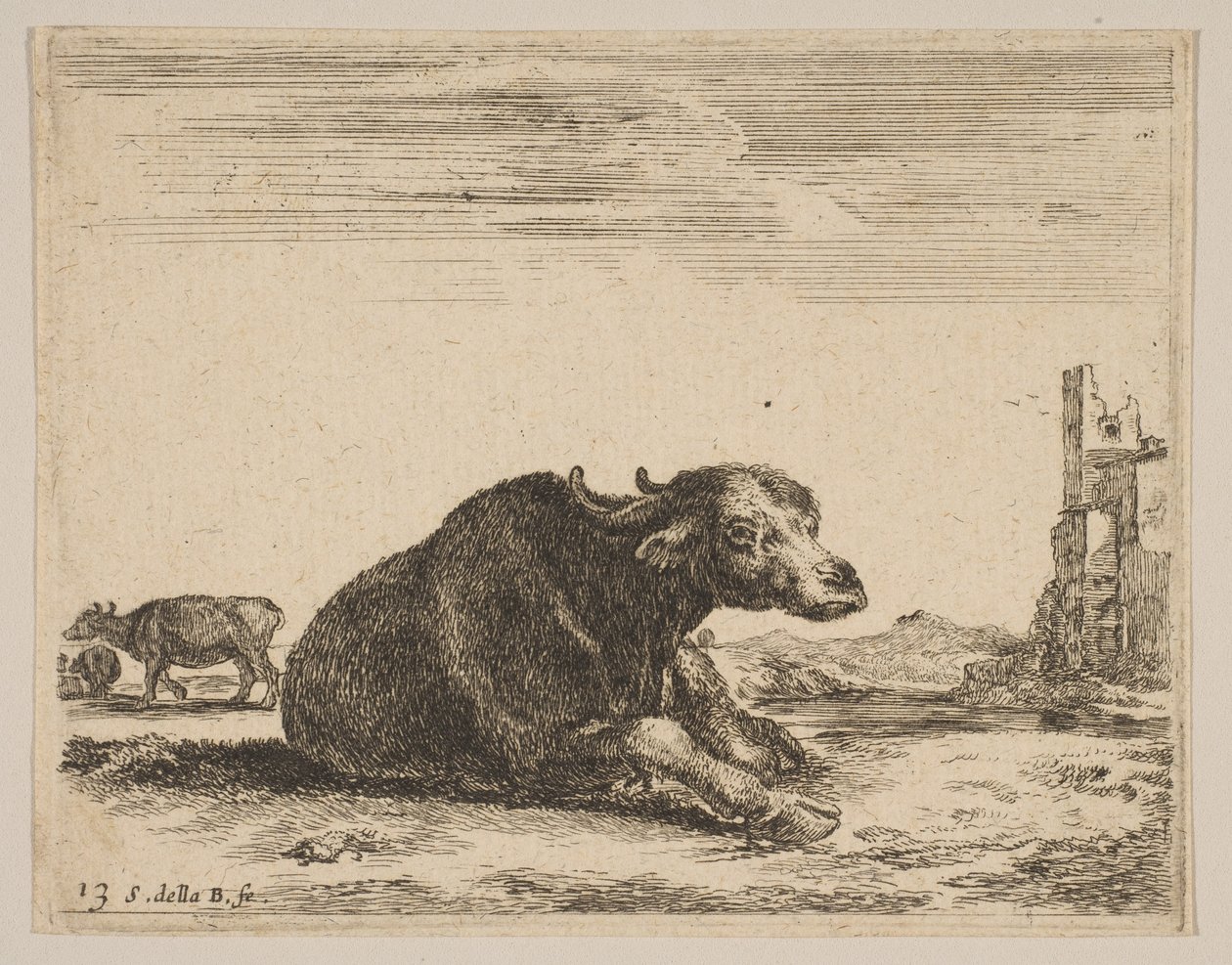 プレート13：さまざまな動物の横になっているバッファローDiversi animali、ca. 1641年。 作： ステファノ・デラ・ベラ