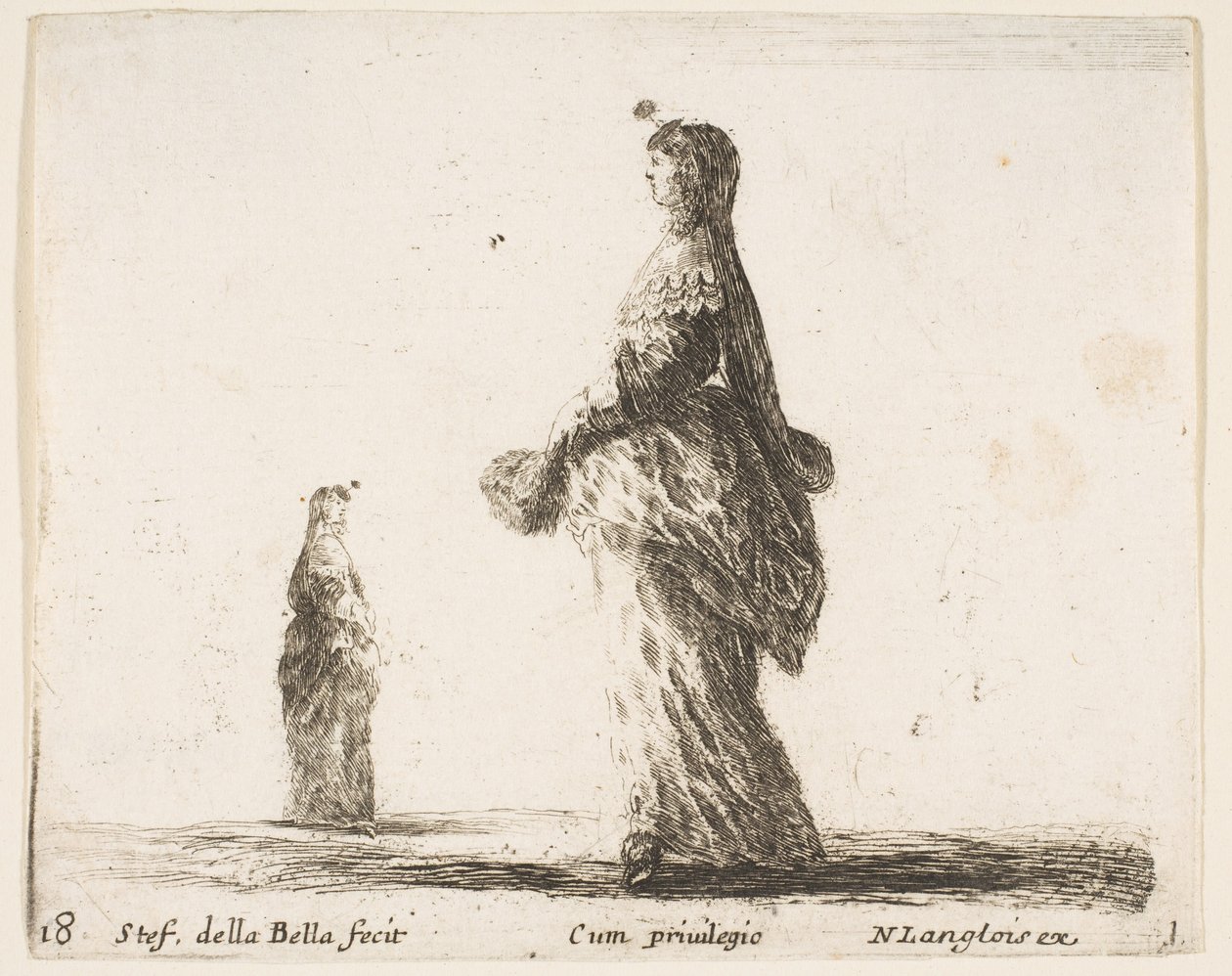 プレート18：羽をつけた扇子で左に向かって歩く貴婦人、別の女性...、およそ。 1644-47。 作： ステファノ・デラ・ベラ