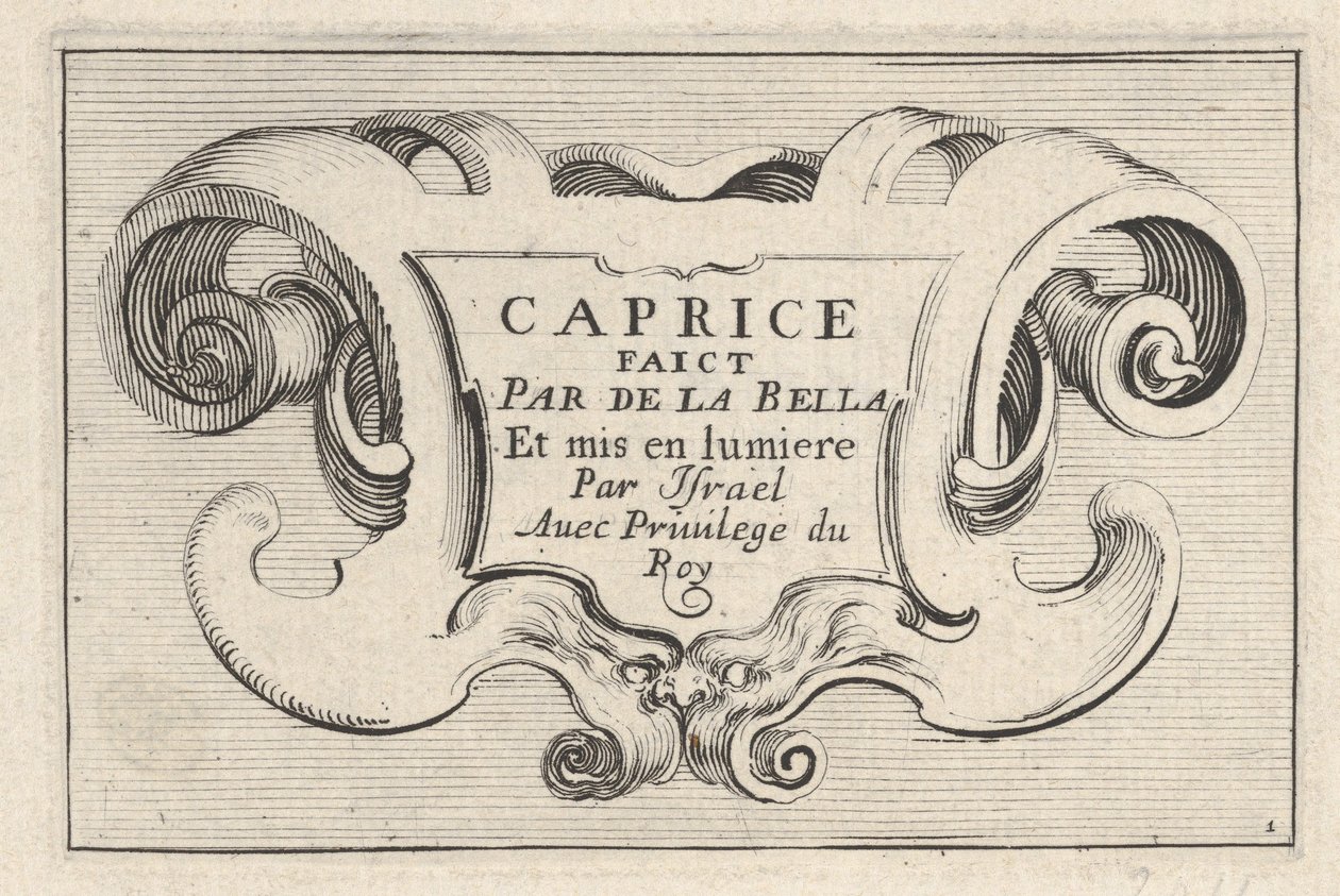 プレート 1: シリーズ タイトルのカルトゥーシュ、「Caprice faict par de la Bella」より。 1642年。 作： ステファノ・デラ・ベラ