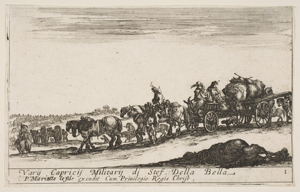 プレート1：人や物を運ぶ馬が引くカート、手前の死んだ馬、f ...、ca。 1641年。 作： ステファノ・デラ・ベラ