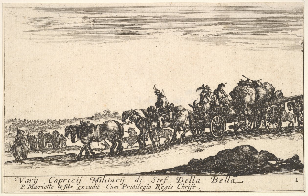 プレート1：人や物を運ぶ馬が引くカート、手前の死んだ馬、f ...、ca。 1641年。 作： ステファノ・デラ・ベラ