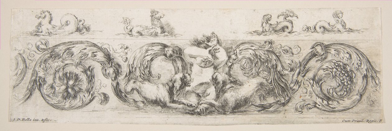 リンソーと犬に怯えた子供、プレート 8 から: 「装飾的なフリーズと葉」...、ca. 1648年。 作： ステファノ・デラ・ベラ