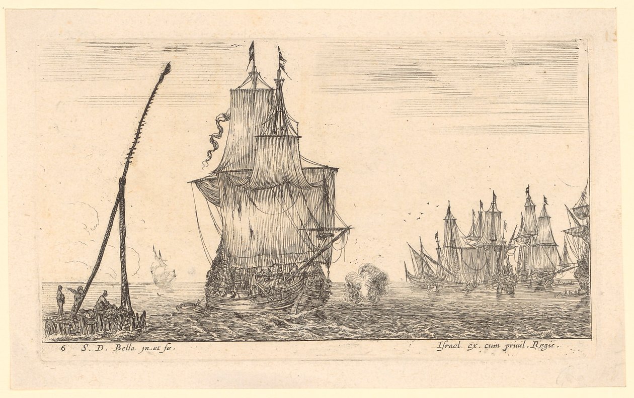 前景に大きな船と灯台が描かれた海景画 作： ステファノ・デラ・ベラ