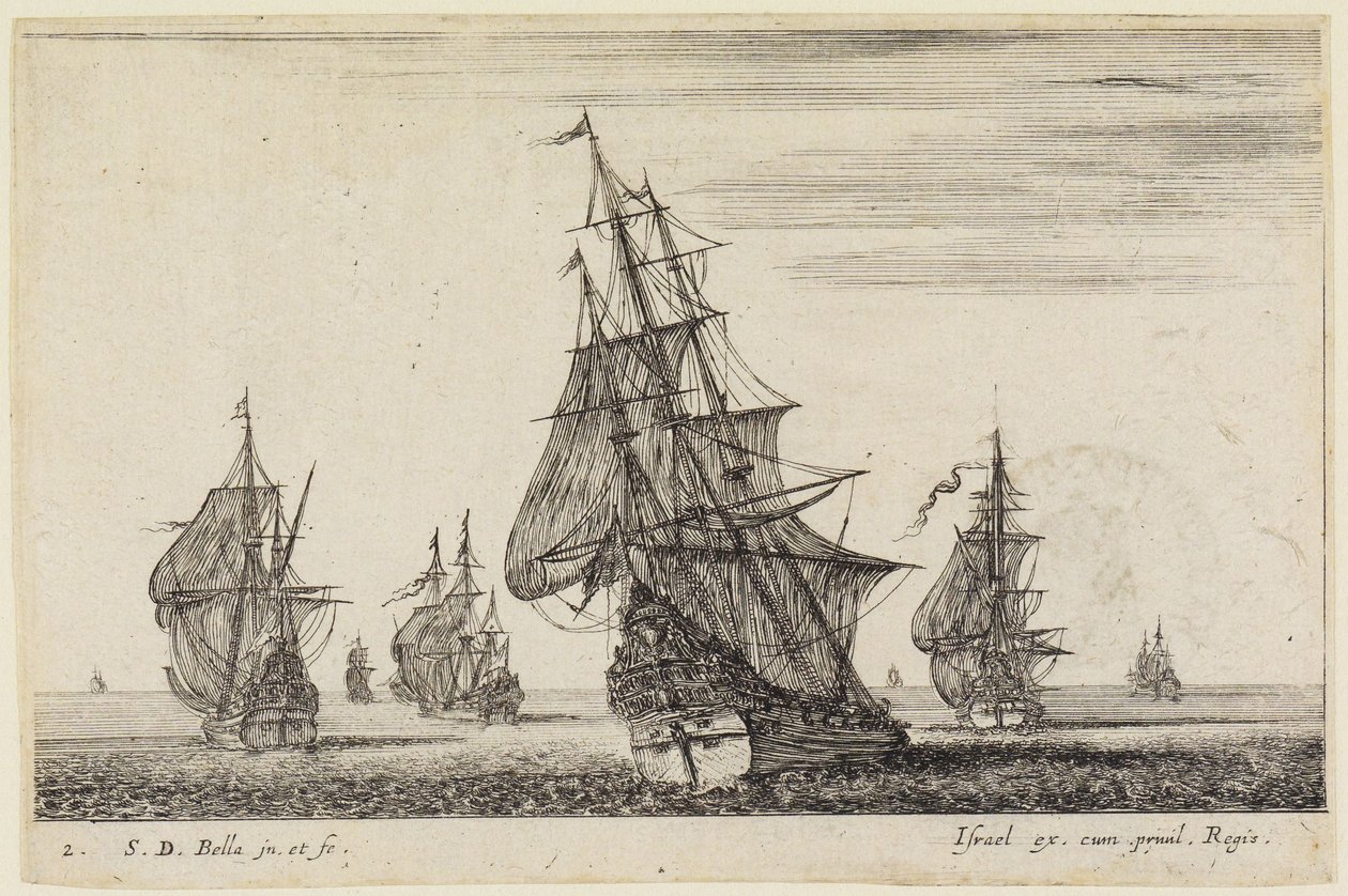海景（Paysages maritimes）：手前に帆を張る船、背景にはさらに他の船が浮かんでいる 作： ステファノ・デラ・ベラ