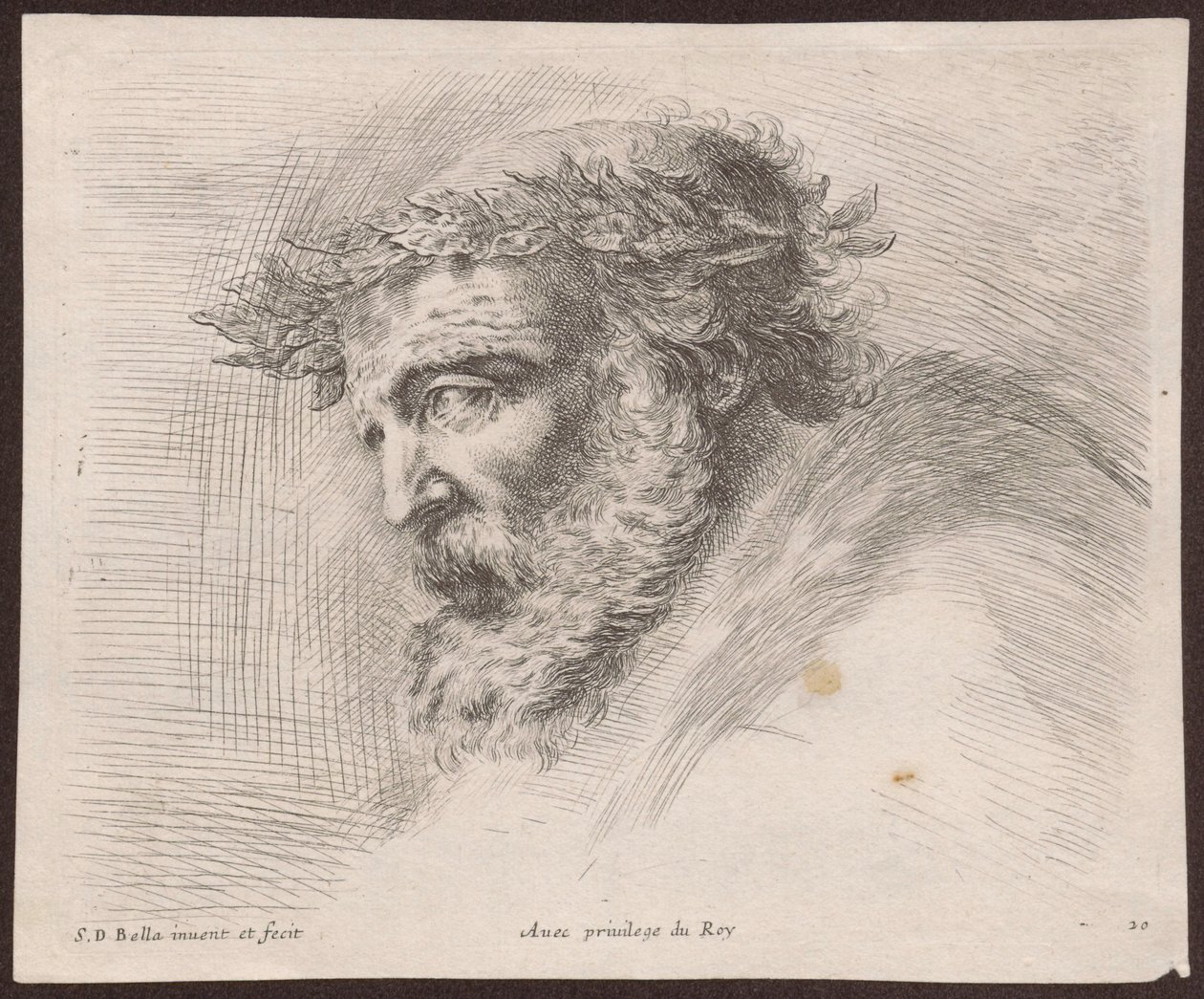 「Principii del disegno」シリーズより、月桂冠を戴いた髭を生やした老人の頭部の習作。左を向いた横顔。 作： ステファノ・デラ・ベラ