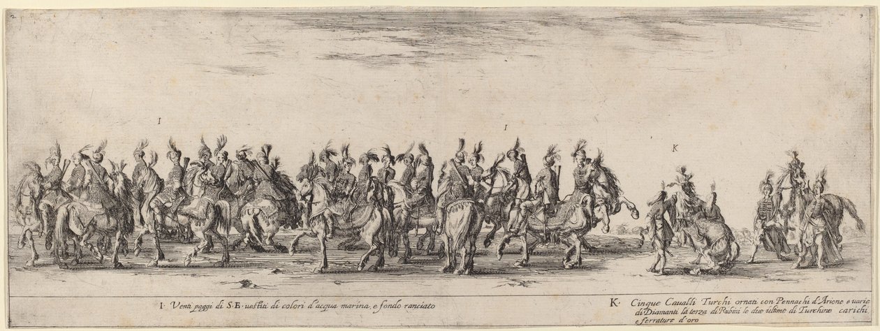20 ページと 5 頭のトルコの馬、1633 年。 作： ステファノ・デラ・ベラ