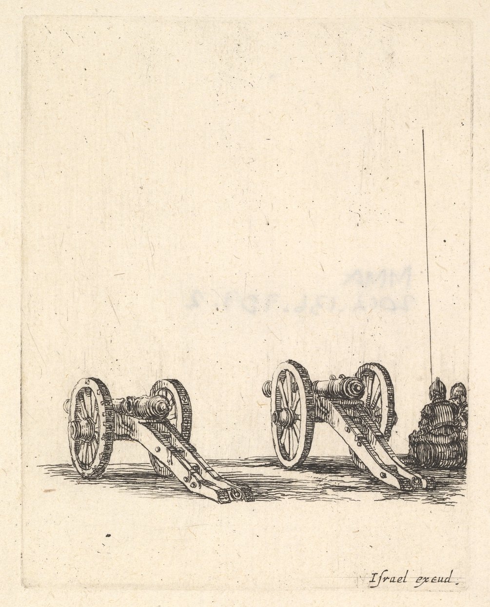 「Equipment in...」より、右側に座っている 2 つの大砲、2 人の兵士が後ろから見られます。 1638-43。 作： ステファノ・デラ・ベラ