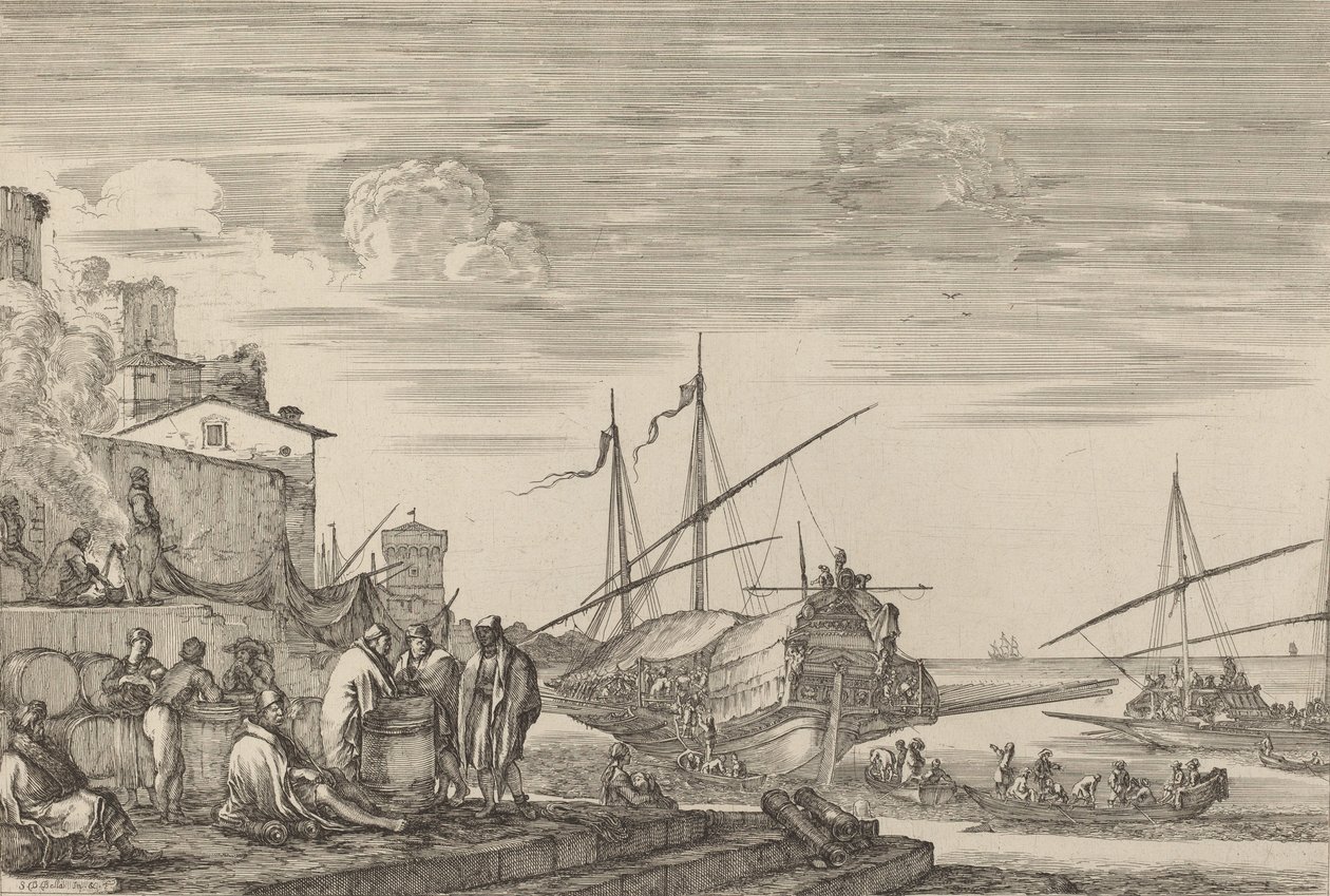 港に面したいくつかの家の眺め、おそらく c. 16541655。 作： ステファノ・デラ・ベラ
