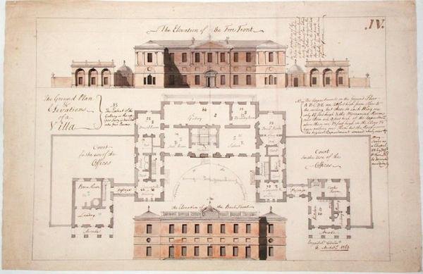 実質的な別荘の平面図と標高、1770年（グラファイト、ペンとインク、紙に洗う） 作： スティーブン・リオウ
