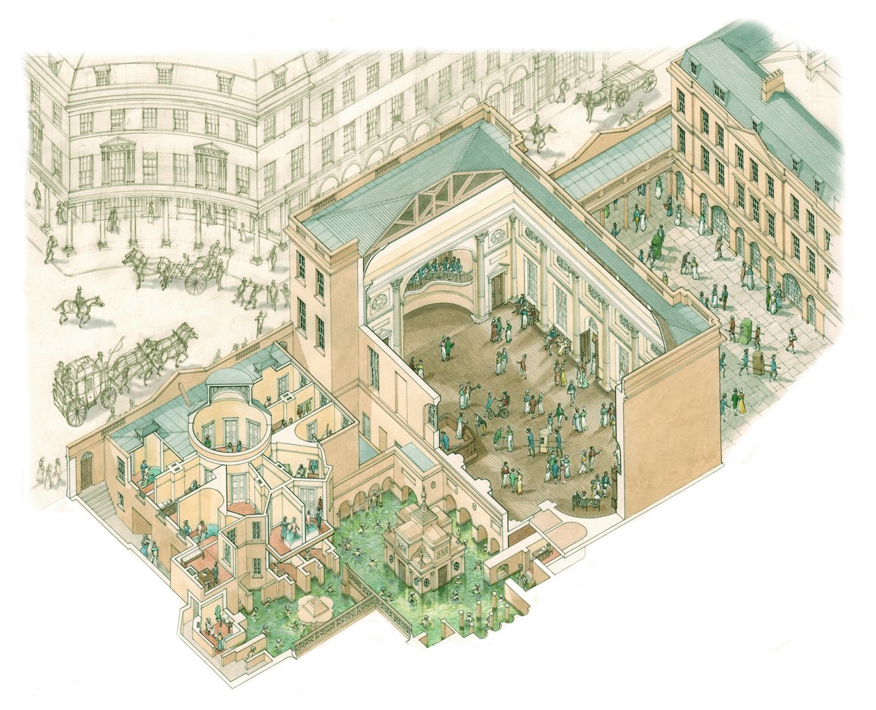 グランド・ポンプ・ルーム、バース、サマセット 1795-1825年頃 （紙にインク、水彩画） 作： スティーブン・コンリン