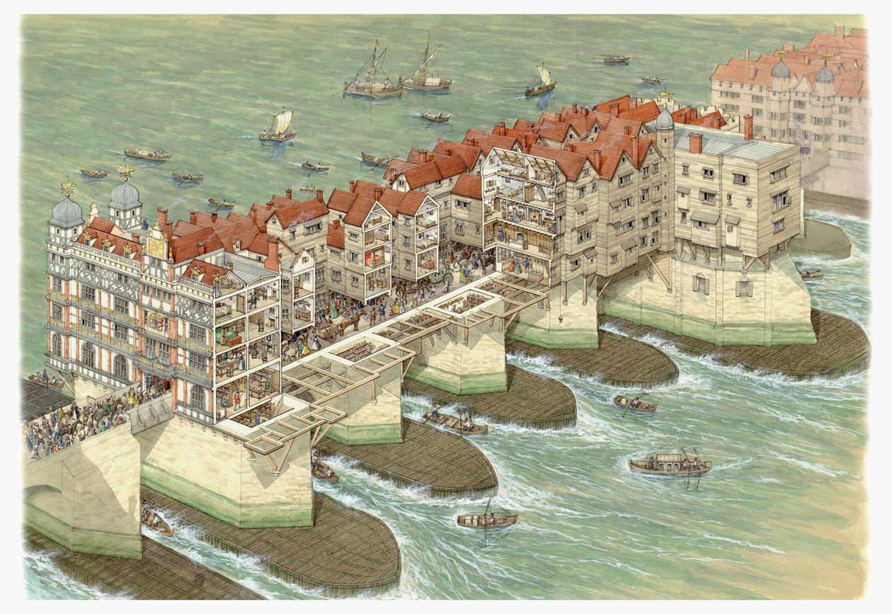 オールド・ロンドン・ブリッジ（中央部分） 1580-1600年頃（インク、水彩画） 作： スティーブン・コンリン