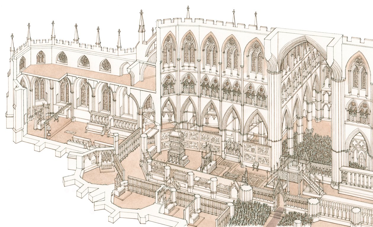 1399年、ヘンリー4世の戴冠式当時のウェストミンスター寺院のクワイア、2023年（インク、水彩画） 作： スティーブン・コンリン