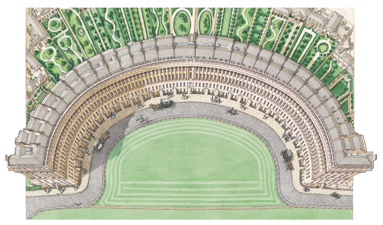 ロイヤル・クレッセント、バース、1780-1800年頃（インク、水彩画） 作： スティーブン・コンリン