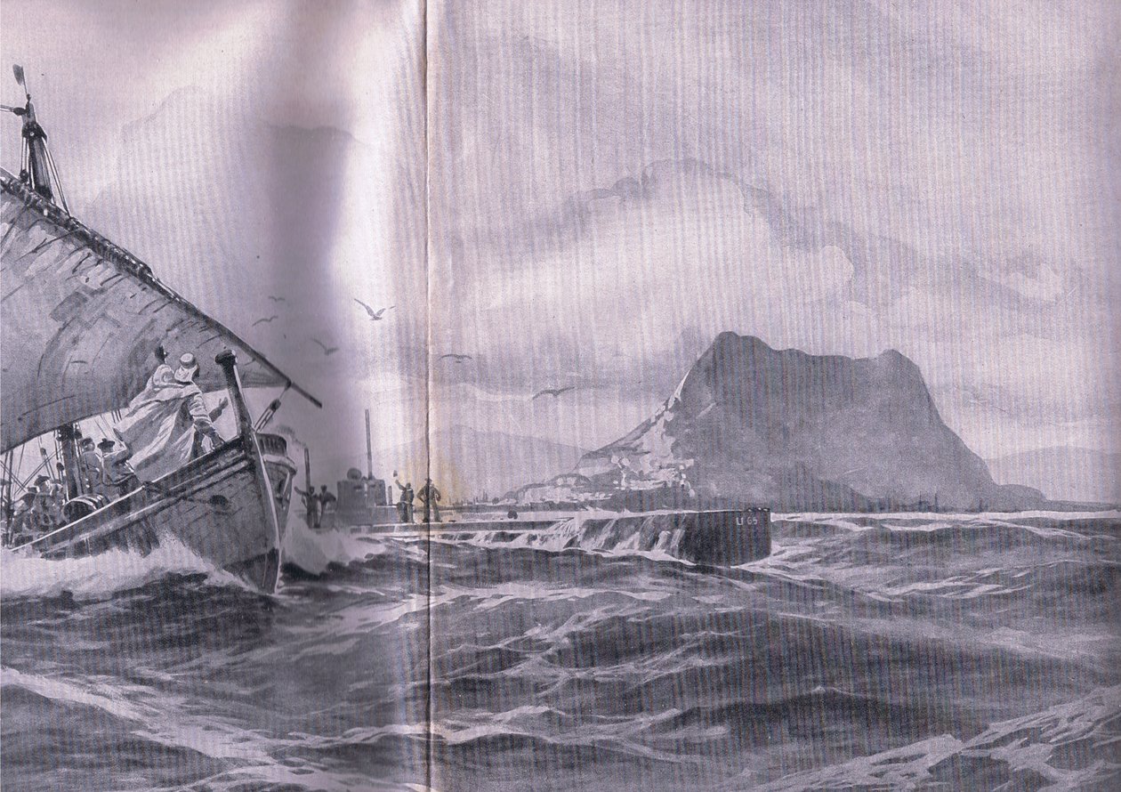 ジブラルタル海峡を通ってダーデネルス海峡に向かうドイツの潜水艦（『The Illustrated History of the World War 1914-1915』（Union Berlagsefellfchaft社）より 作： ウィリー・ストワー