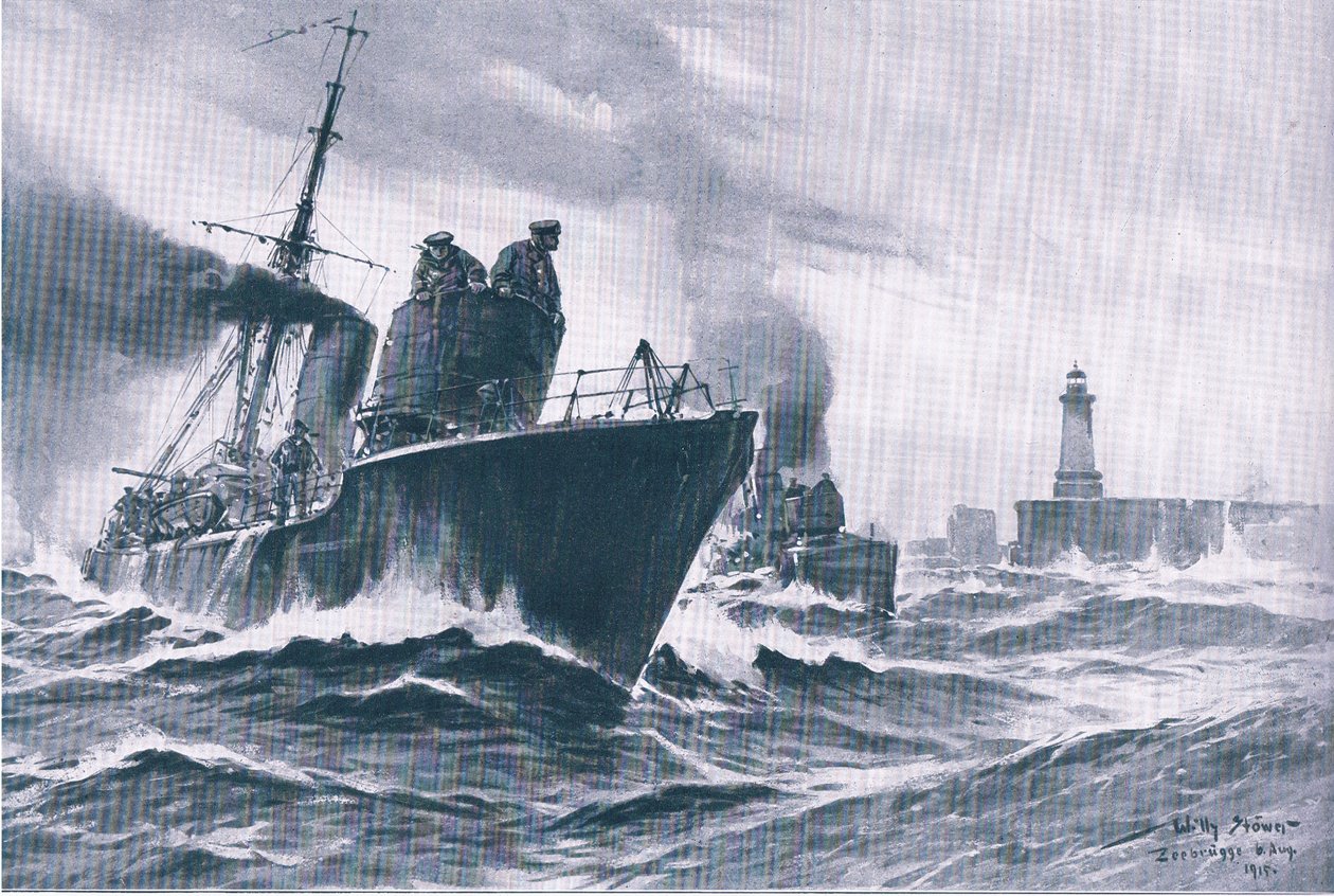 ゼーブルージュ港を出港する巡視船と掃海艇（『The Illustrated History of the World War 1914-1915』（Union Berlagsefellfchaft社）より 作： ウィリー・ストワー