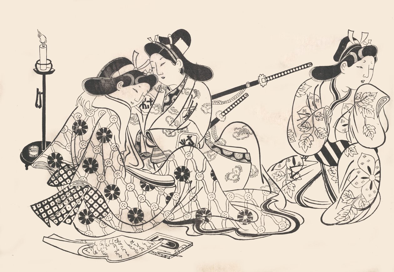 サムライと花魁着席、彼らのそばにサーヴァント、ca. 1685年。 1685年。 作： 杉村治兵衛