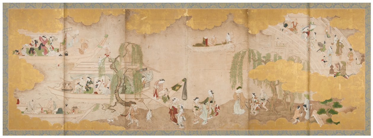 桜の下でピクニックと
川舟遊び図屏風 18世紀中頃（六曲一双、紙本墨画、彩色、金彩
紙） 作： 西川祐信