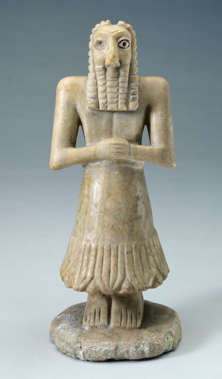 男の小像、紀元前3000年から2500年（石膏と貝殻） 作： シュメール人