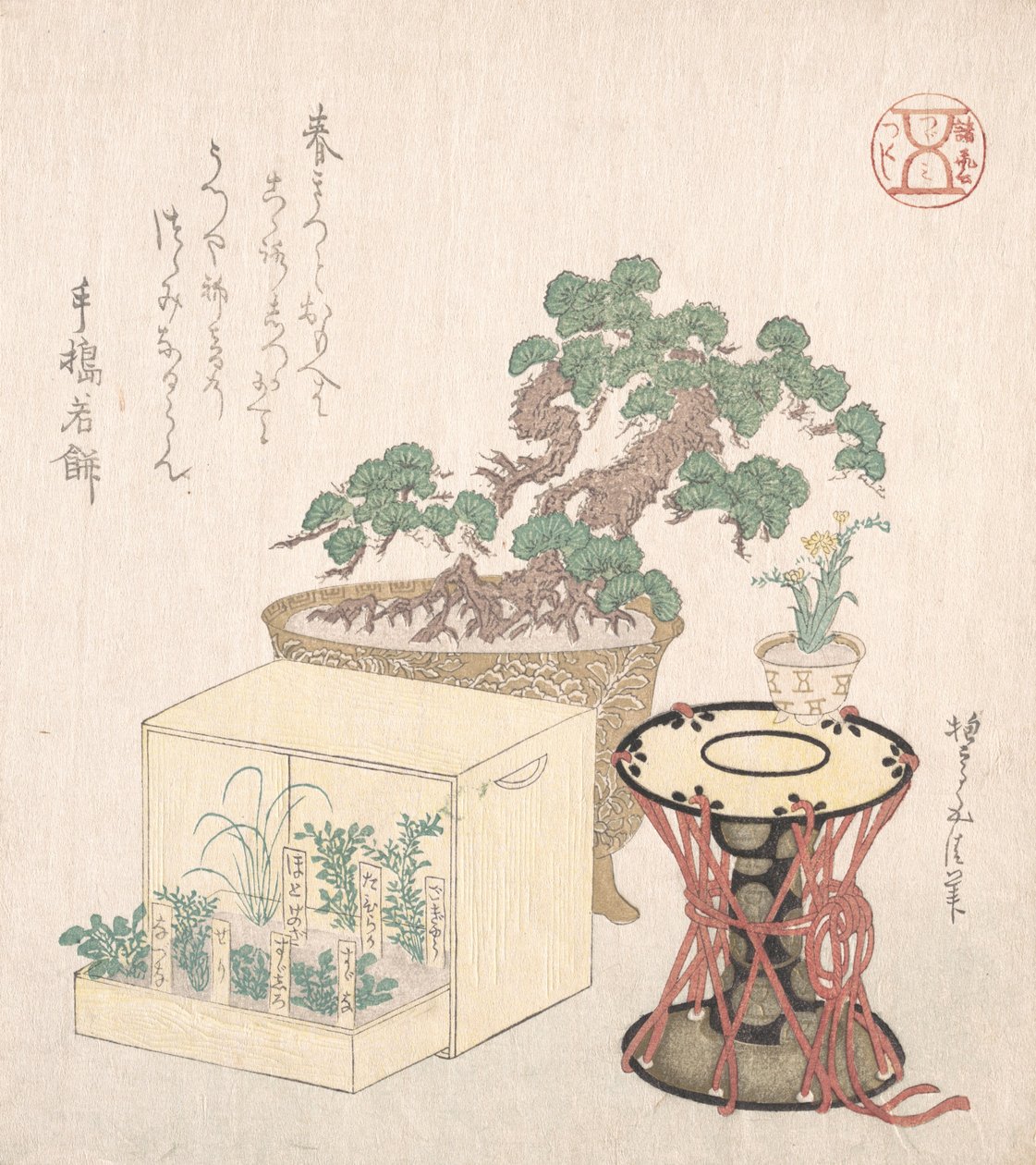 鉢植えの松、太鼓、箱に植えられた7つのハーブ、18〜19世紀., 18〜19世紀. 作： 砂山御成