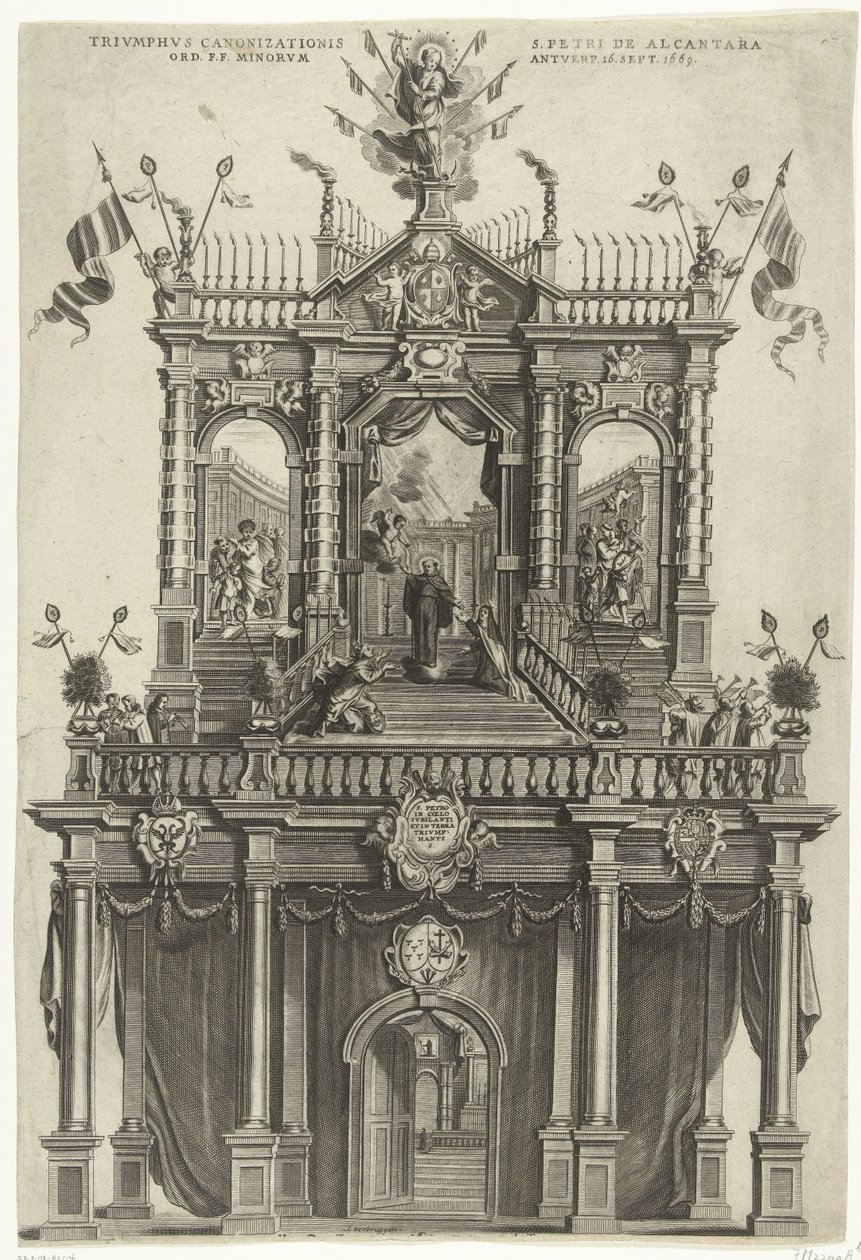 1669 年にアルカンターラのピョートル大帝が列聖された際にアントワープに建てられた凱旋門 Triumphus Canonizationis S. Petri de Alcantara Ord. F.F. ミノルム・アントベルプ。 9月16日 1669年（アイテムのタイトル） 作： スザンナ・バーブルゲン（アーティストによる署名）