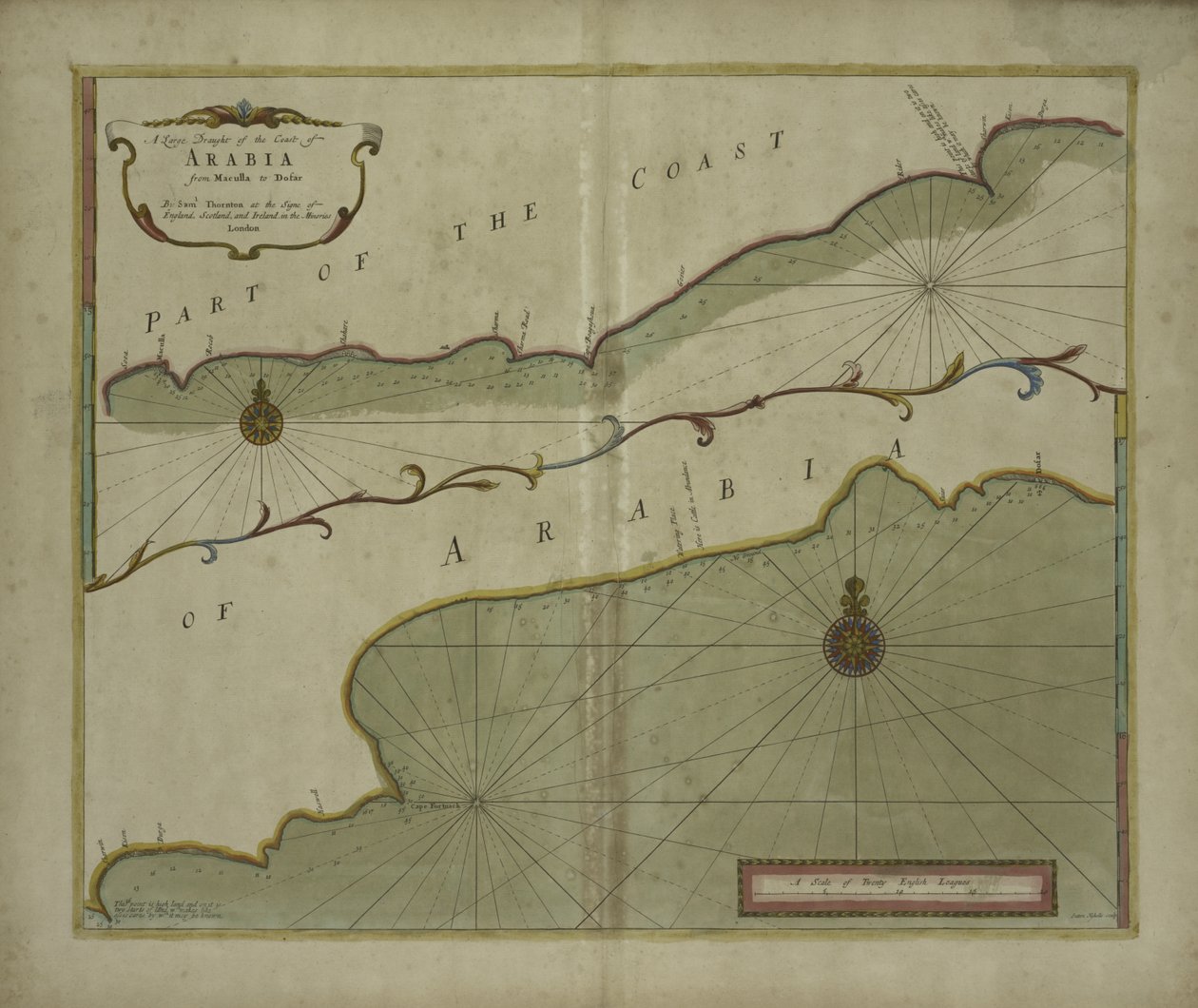 マッカラからドファールまでのアラビア海岸の大草案、1703年（カラー彫刻） 作： サットン・ニコルズ