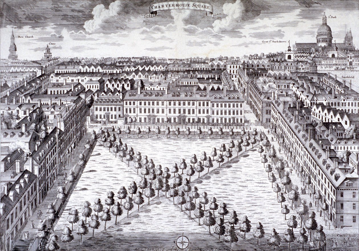 チャーターハウス スクエアの鳥瞰図、フィンズベリー、ロンドン、c1750 作： サットン・ニコルズ