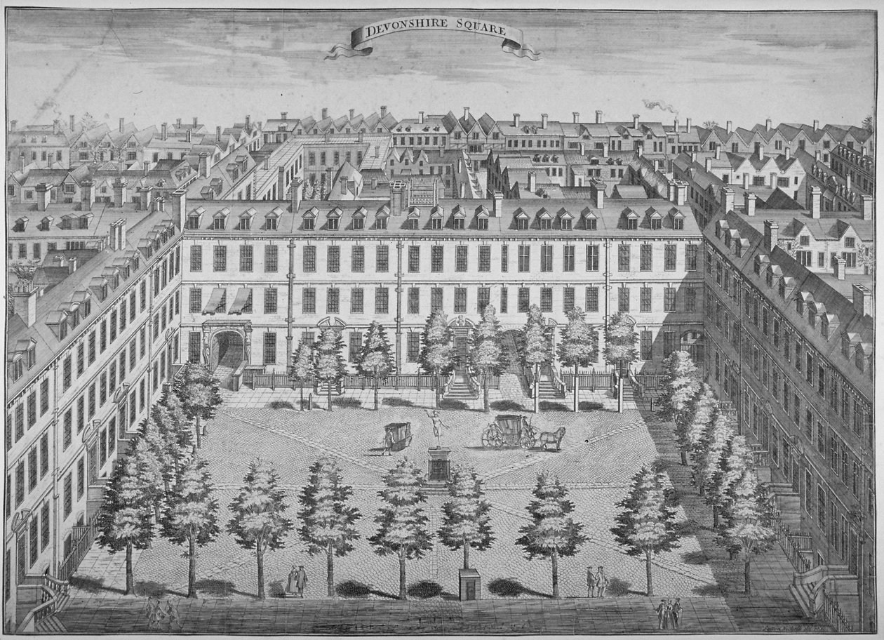 デヴォンシャー広場の鳥瞰図、ロンドン市、1740 年。 作： サットン・ニコルズ