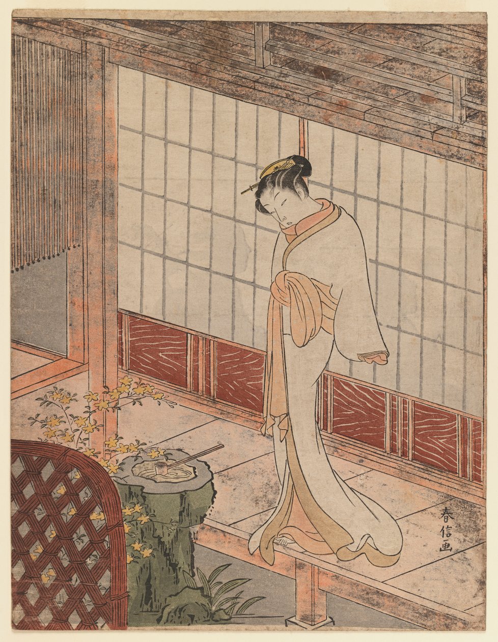 ベランダに立っている夜の装いの遊女、1767年頃（色版画） 作： 鈴木春信