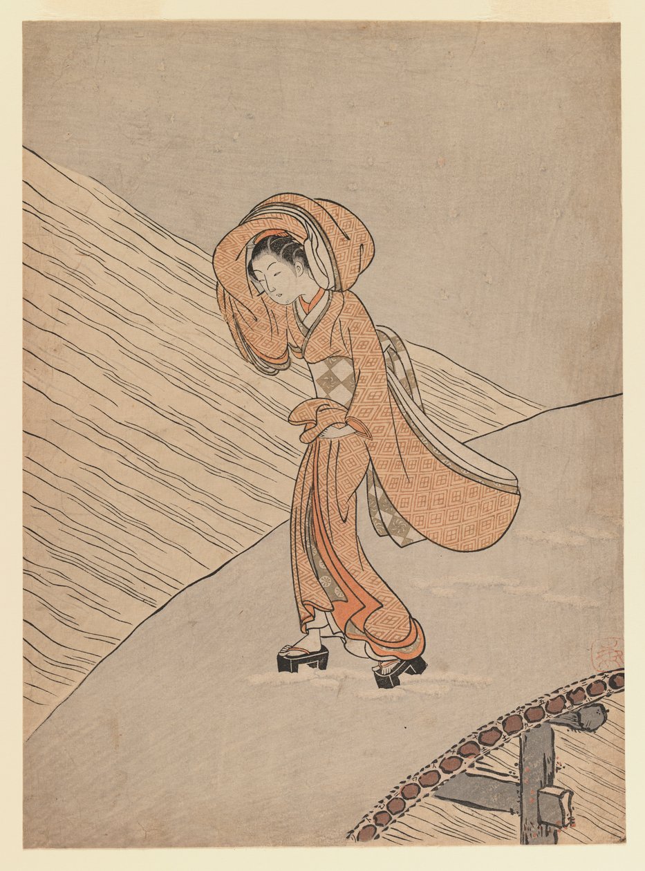 雪を越えて橋を渡る少女：明和2年の暦1765年（彩色版画） 作： 鈴木春信