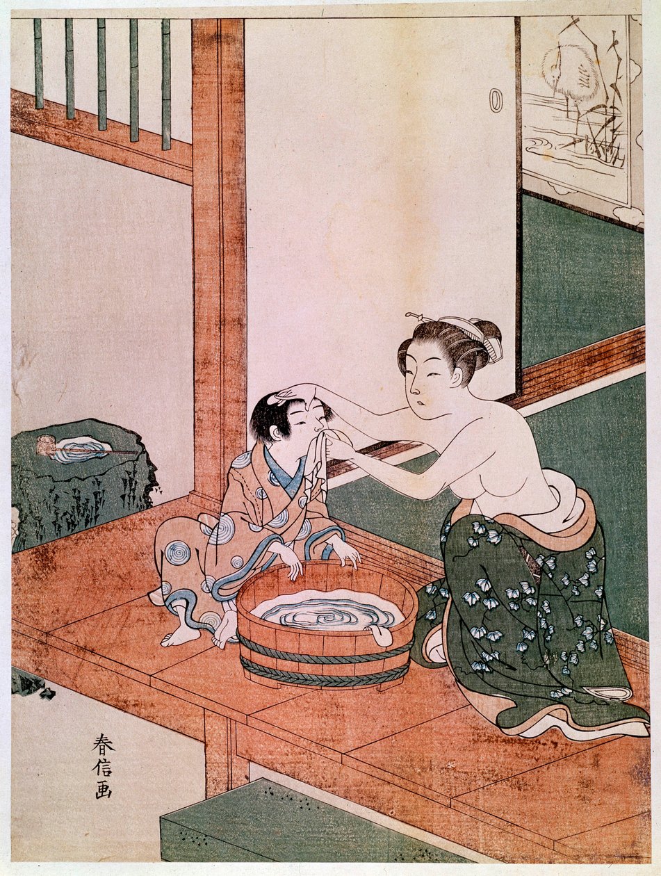 日本では、水を張った洗面器のそばで子供を洗う裸の母親がいます。鈴木原信(1725-1770)の版画。1766-1768.薄い。0.27x0.201 m パリ、ギメ美術館、国立アジア美術館 作： 鈴木春信