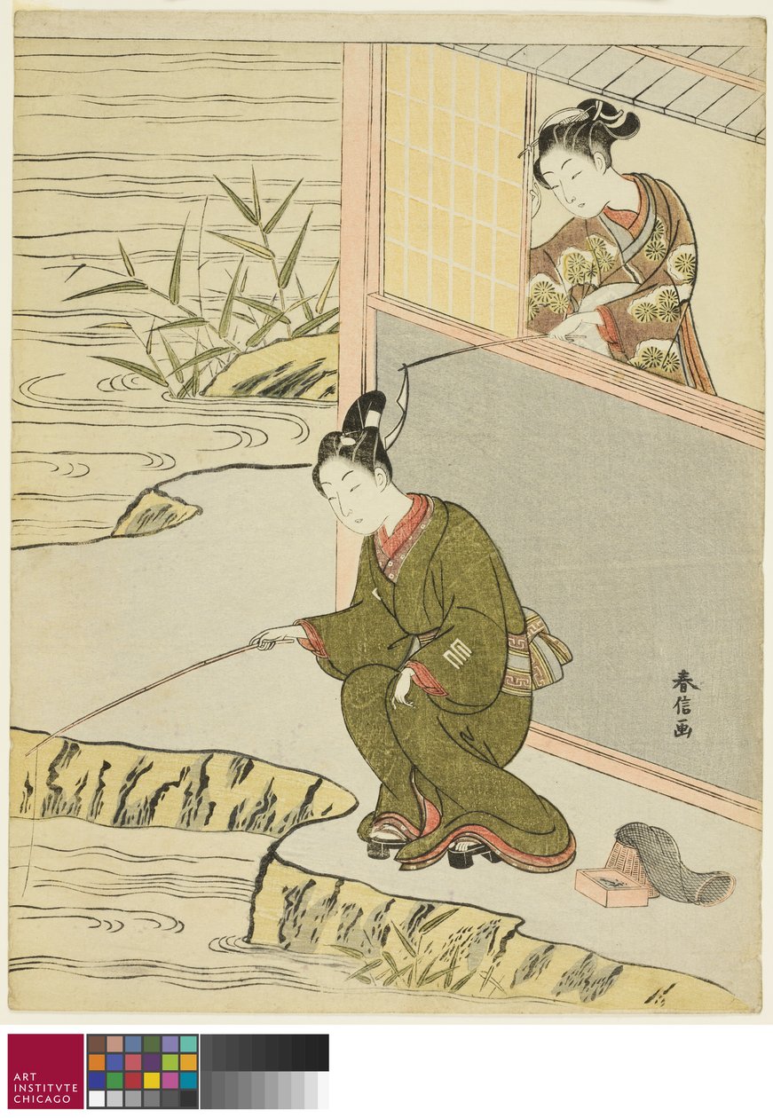 若い男釣りをからかう美c。 1768 作： 鈴木春信