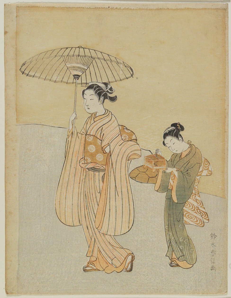 虫かごを持つ侍女を伴う美人 作： 鈴木春信
