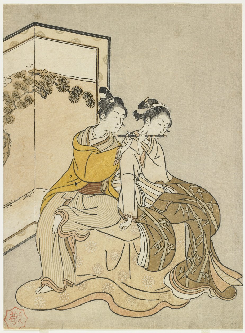 明和2年と玄宗天皇と楊貴妃の三面のカレンダー印刷、1765年 作： 鈴木春信