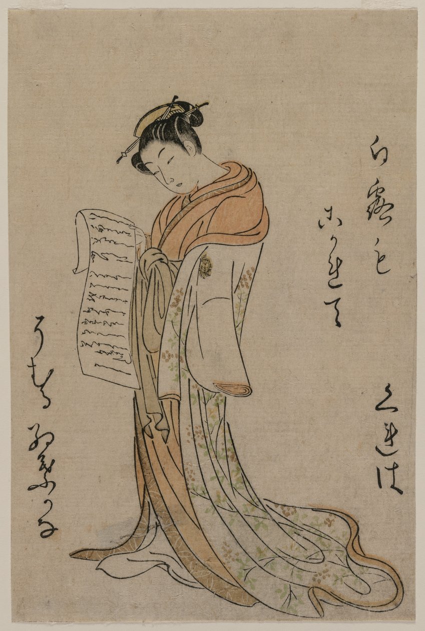 一連の温室の美のコレクション、1725-1770からの手紙を読む遊女。 作： 鈴木春信