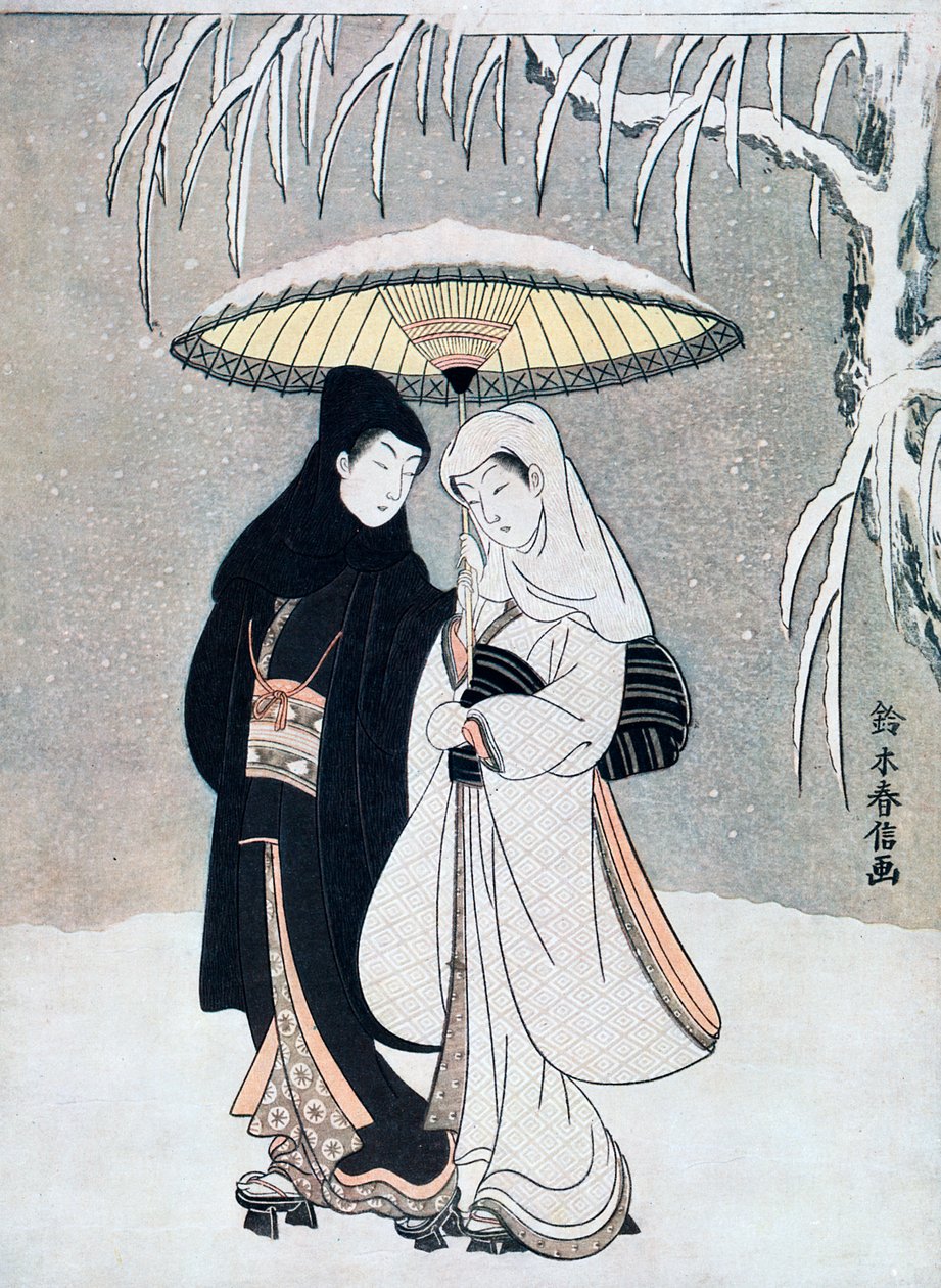 吹雪の中、傘の下を一緒に歩くカラスとサギ、または若い恋人、c1769。 作： 鈴木春信