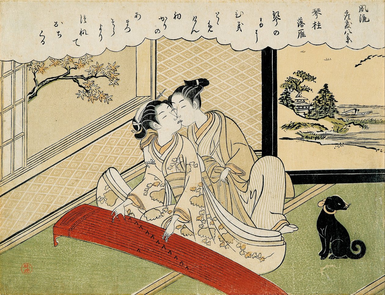Geese descending on the koto bridges ( Kotoji rakugan) from the set Eight fashionable parlour views (Furyu zashiki hakkei) 作： 鈴木春信