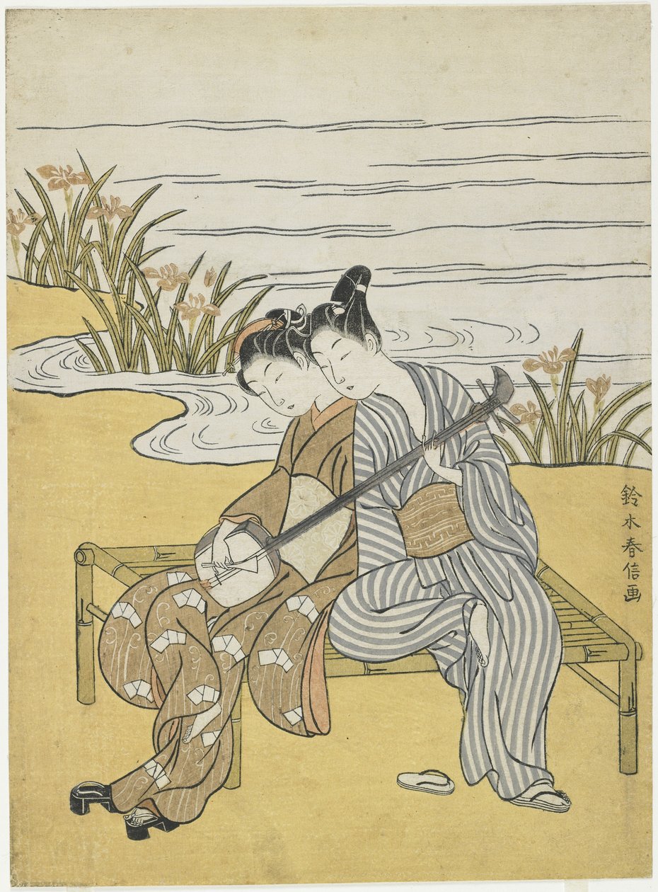 玄宗皇帝と楊貴妃の三位一体と同じ三味線を弾く恋人たちc。 1767 作： 鈴木春信