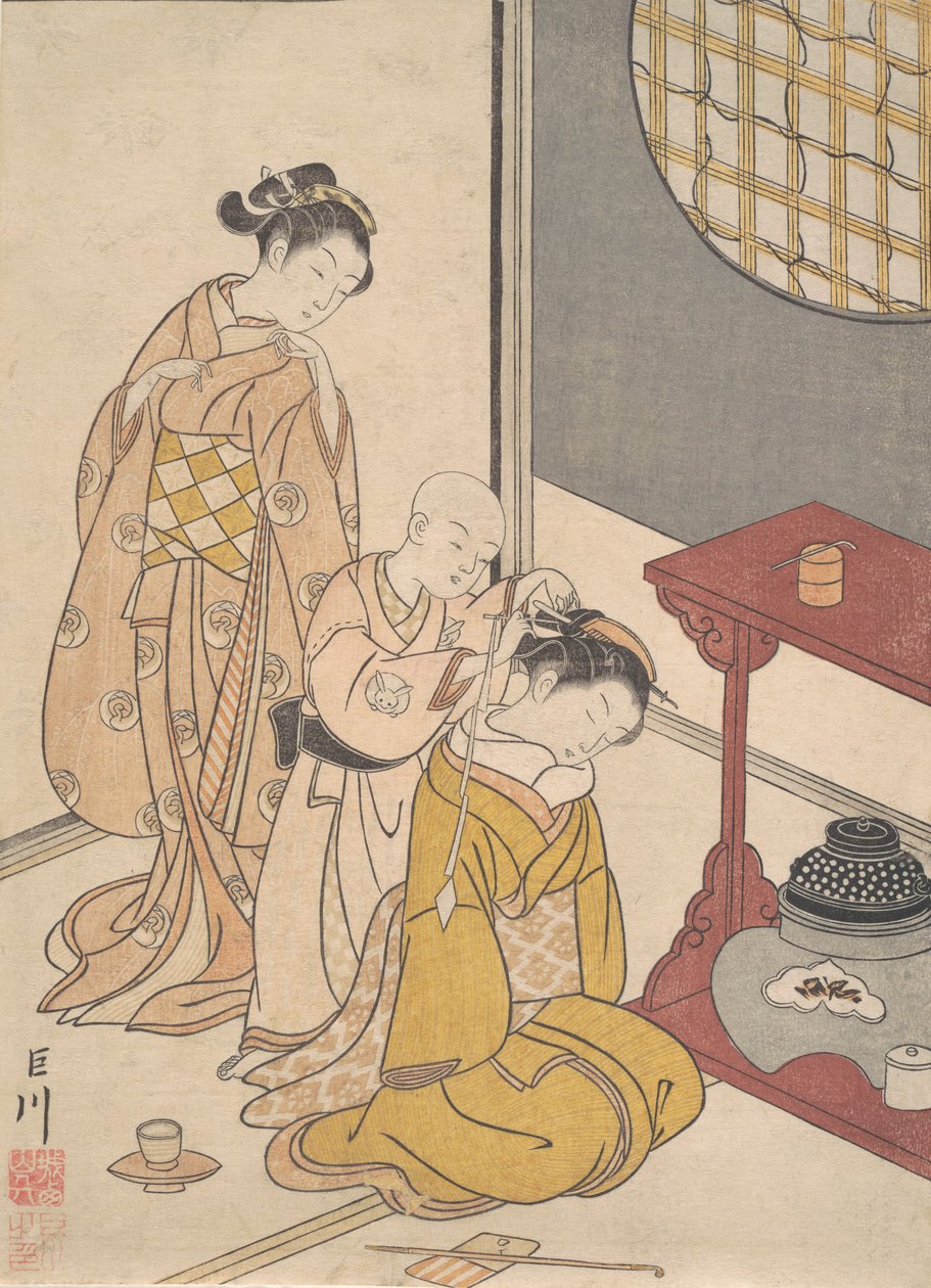 二段棚台の夜の雨 座敷八景シリーズより 1766年。 作： 鈴木春信