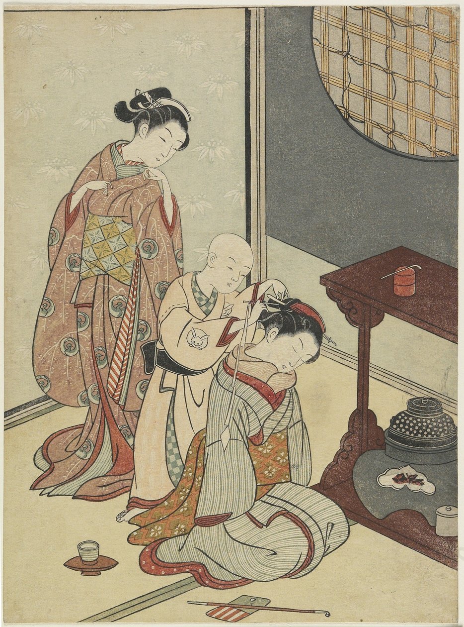 ティースタンドの夜雨、1766年以降（色の木版画） 作： 鈴木春信