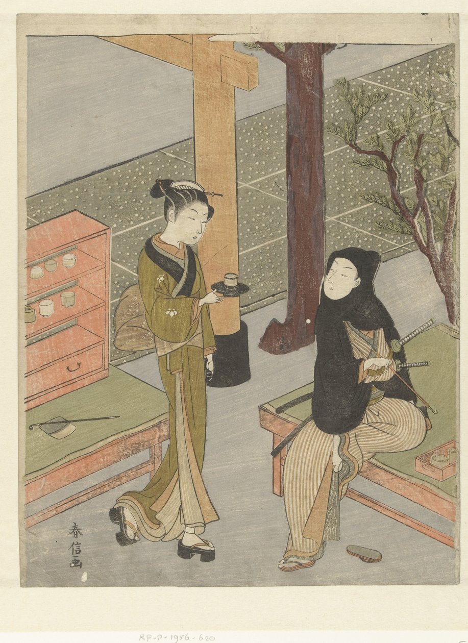 笠森神社のお茶屋でお茶を出すお仙さん。 作： 鈴木春信